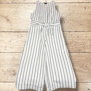 BANANA REPUBLIC Linen Cotton Wide Leg Cropped Jumpsuit Sz‎ 10 Black/White Stripe